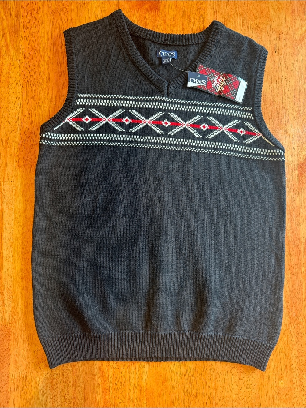 Chaps Black V-Neck Argyle Sweater Vest with Red and White Accents